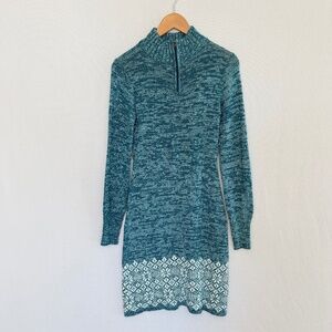 SOYBU Women’s Small Teal & White 1/4 Zip Long Sleeve Fairisle Knit Sweater Dress